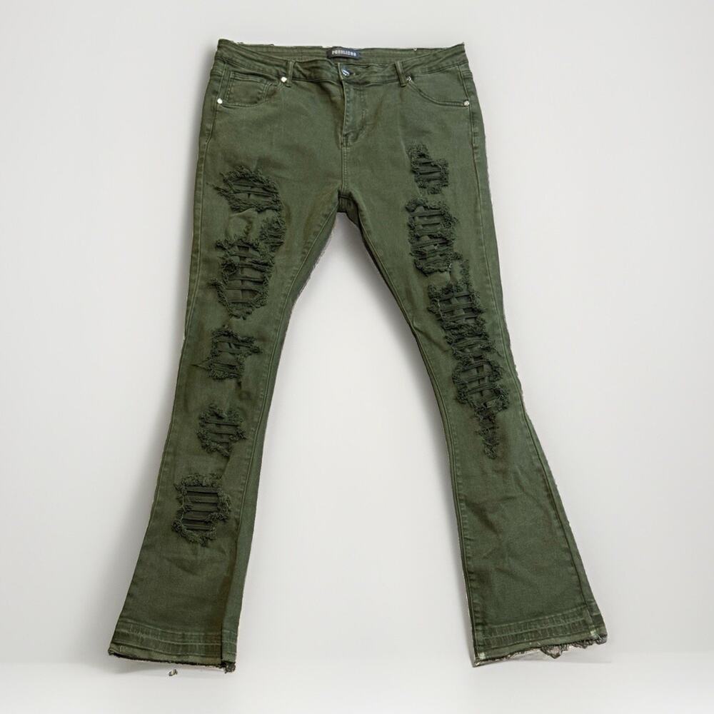 Pheelings Jeans Green Denim Distressed Flared Stacked Slim Mens Sz 42x36